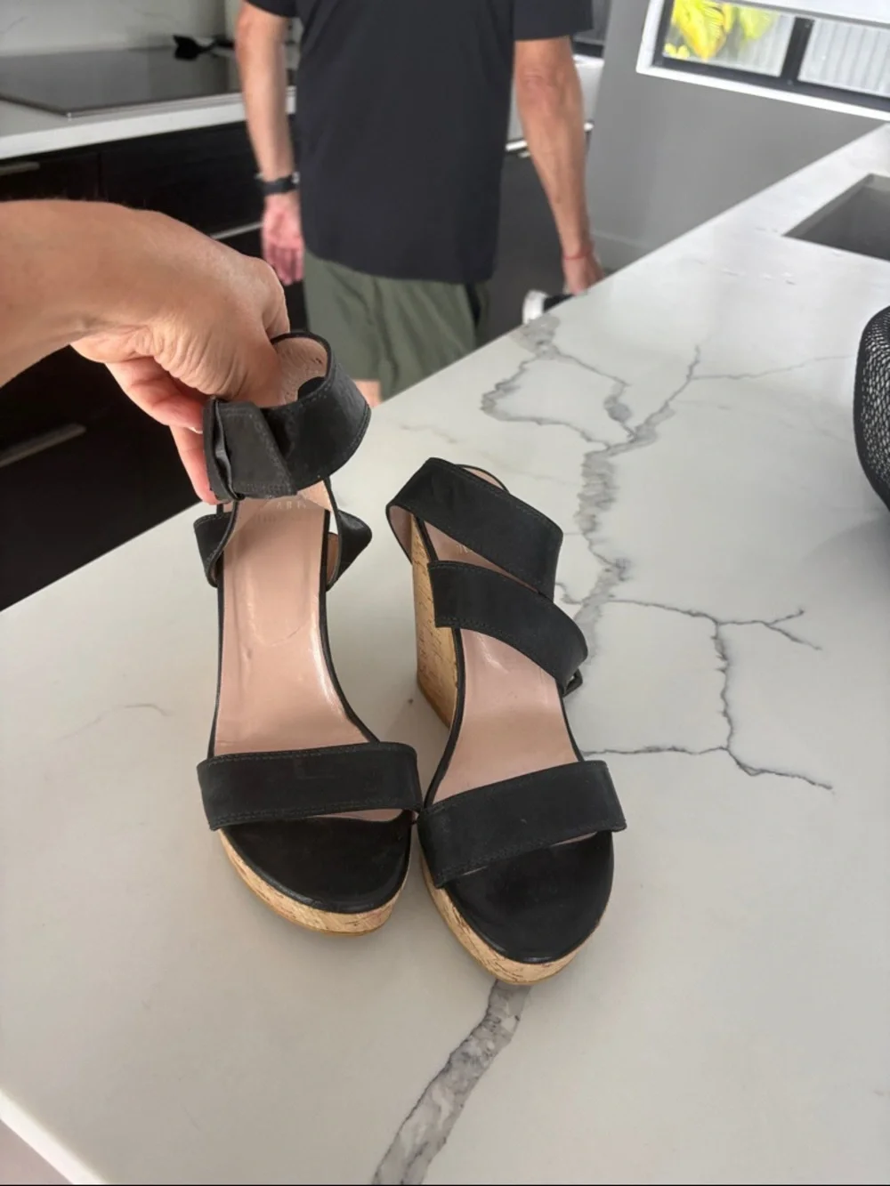Stuart Weitzman Black Leather Wedge Sandals with Cork Platform - Picture 3 of 10